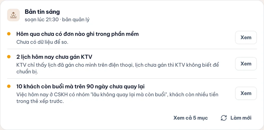 Daily briefing card on the platform dashboard, listing three tasks for the manager